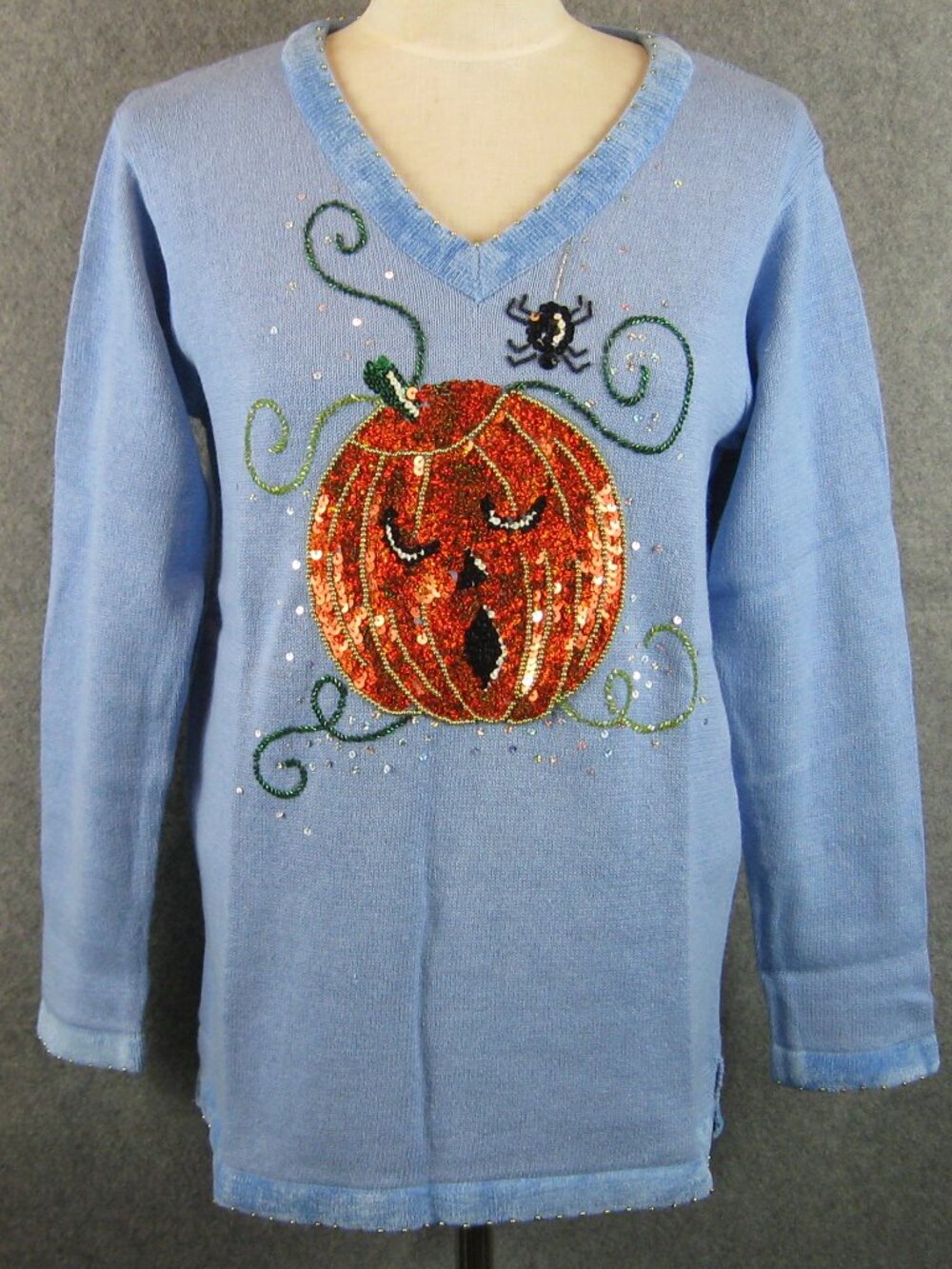 Quacker Factory Sequin Jack O Lantern Tunic Sweater M Blue